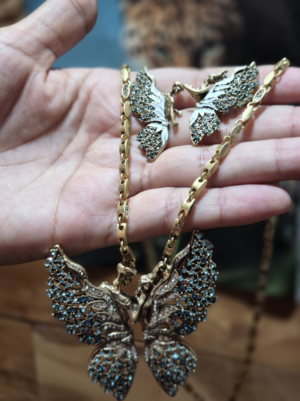 Gold Antique Butterfly Pendant Necklace and Earrings Set with Blue Stones